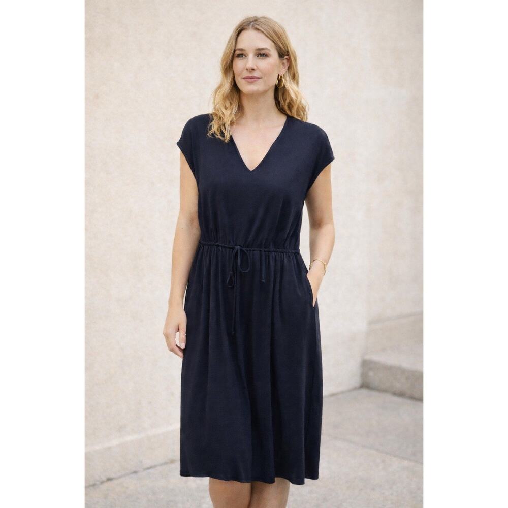 Arket Women's Cotton Blend V Neck Midi Dress Navy Blue Tie Waist Lightweight